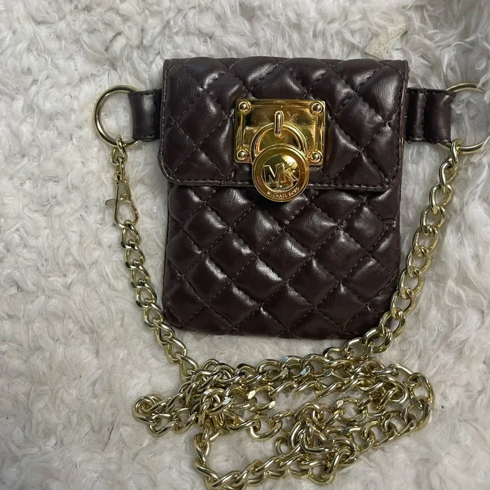 Michael Kors Brown faux leather quilted mini crossbody/fanny pack chain accent